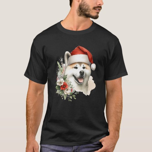 Christmas Japanese Akitainu Dog Watercolor Artwork T-Shirt (Vorderseite)
