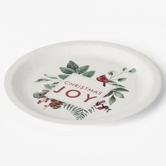 Christmas Joy Kardinal Bird Berries Pappteller (Schrägansicht)
