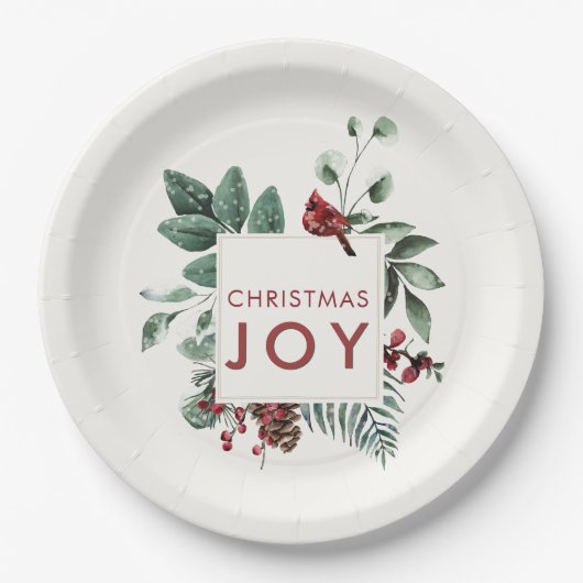 Christmas Joy Kardinal Bird Berries Pappteller (Vorderseite)