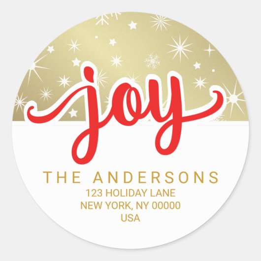 Christmas Joy Red und Gold Handgeschriebene Adress Runder Aufkleber (Vorderseite)