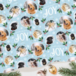 Christmas Joy Snowflake Foto Collage Pastel Blau Geschenkpapier<br><div class="desc">"Herzlichen Glückwunsch" Spaß und stilvolle Geschenkpackung! Eine bearbeitbare Vorlage, personalisiert mit sechs Fotos Ihrer Familie, Freunde oder Haustiere. Sie können auch den Namen des Empfängers, Ihren Familiennamen oder das Urlaubsjahr angeben. Ein nahtloses Muster mit Schneeball-gerahmten Fotografien, festlichen Blätter, Beeren, Schnee, Schneeflocken und Sternen. Eine individuelle Geschenkpackung ist eine tolle Möglichkeit,...</div>