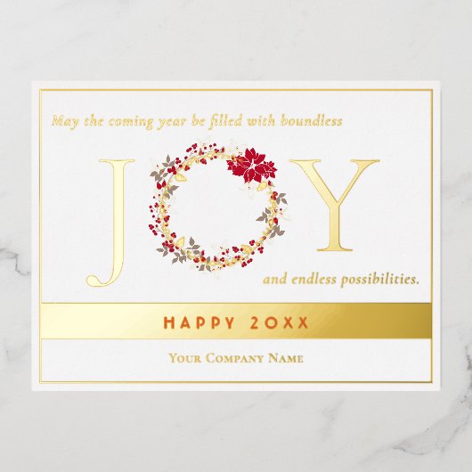 Christmas JOY Wreath Business Folien Feiertagspostkarte (Vorderseite)