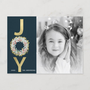CHRISTMAS JOY Wreath Gold Foil Modernes Foto Feiertagspostkarte