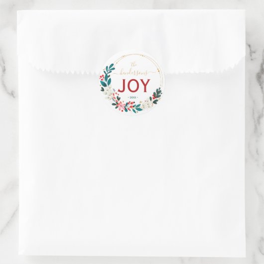Christmas Joy Wreath Name Handwritten Script Runder Aufkleber (Tasche)