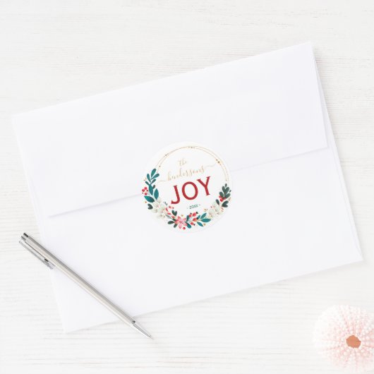 Christmas Joy Wreath Name Handwritten Script Runder Aufkleber (Umschlag)