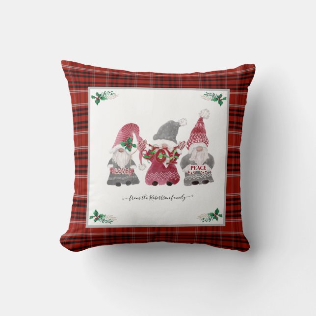 Christmas Kariert Gnome Liebe Joy Peace Holly Berr Kissen (Vorderseite)