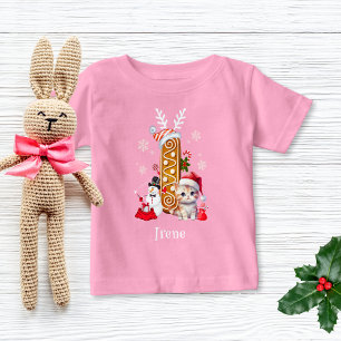 Christmas Kitten Gingerbrett Name Letter I Girl Baby T-shirt