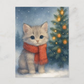 Christmas Kitten Postcard Cute Cat in Red Scarf Postkarte (Vorderseite)