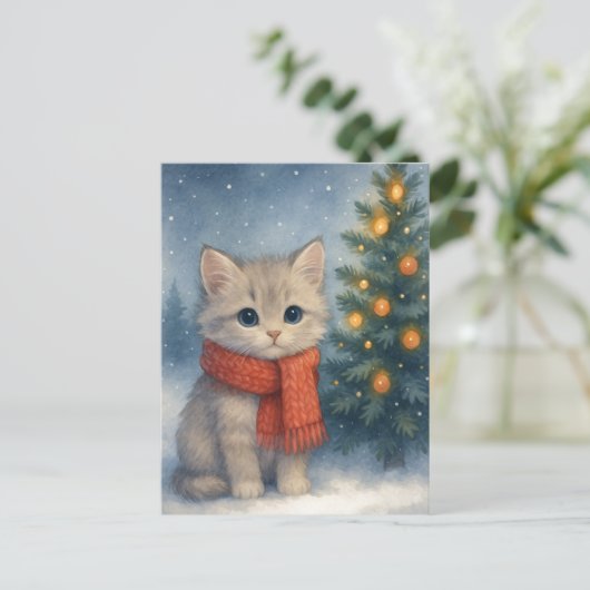 Christmas Kitten Postcard Cute Cat in Red Scarf Postkarte (Stehend Vorderseite)
