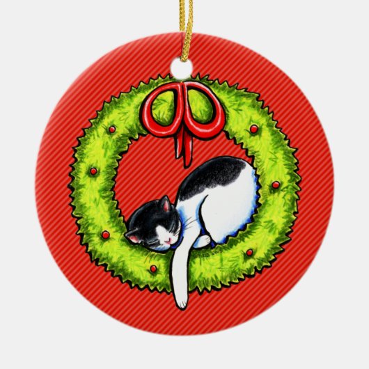 Christmas Kitty Cat Wreath Keramik Ornament (Vorne)