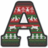 Christmas Knit Letter A Monogram in Red Green Fair Aufkleber (Vorderseite)