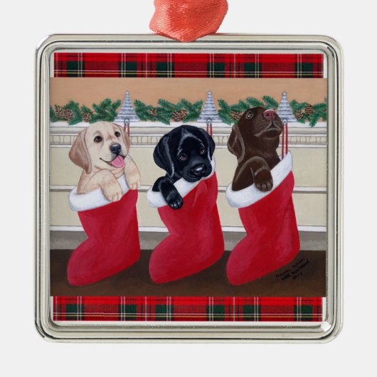 Christmas Labrador Welppies Tartan Silbernes Ornament (Vorne)