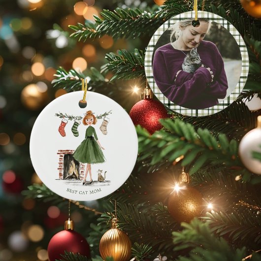 Christmas Lady with Cat Personalized Photo Keramik Ornament