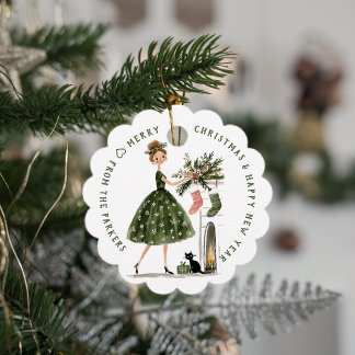 Christmas Lady with Cat Personalized Plaid Holiday Geschenkanhänger