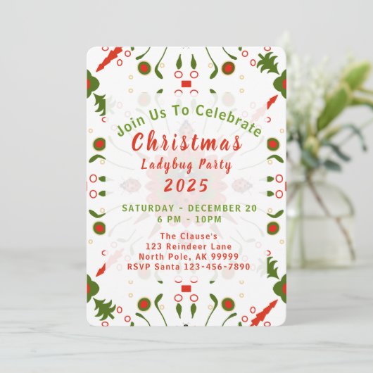 Christmas Ladybug Party Red White Green Einladung (Stehend Vorderseite)