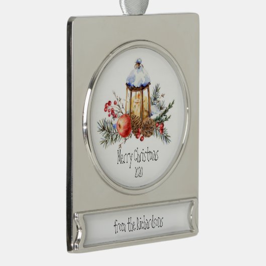 Christmas Lantern Holly Pine Apple Custom Dating Banner-Ornament Silber (Rechts)