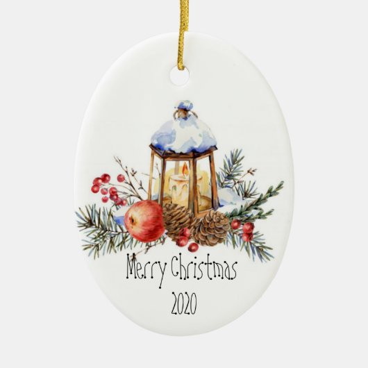 Christmas Lantern Holly Pine Apple Custom Dating Keramik Ornament (Vorne)