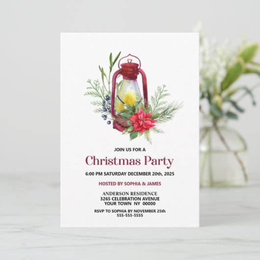 Christmas Lantern Red Poinsettia Weihnachtsfest Pa Einladung (Stehend Vorderseite)