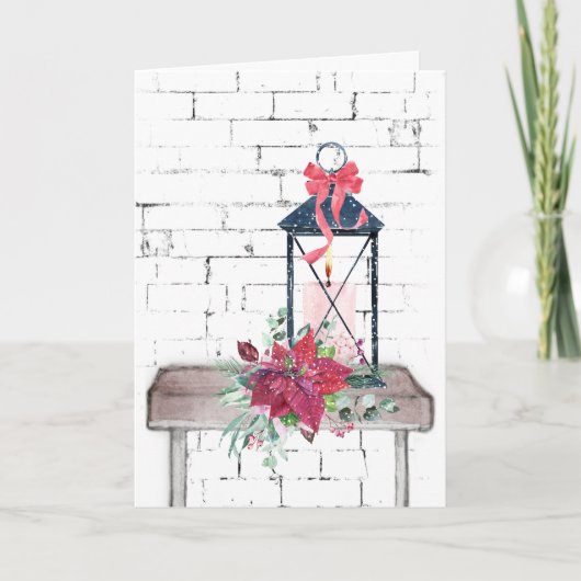 Christmas Lantern und Poinsettia Bouquet Feiertagskarte (Vorderseite)
