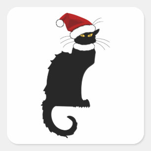 Christmas Le Chat Noir mit Weihnachtsmannmütze Quadratischer Aufkleber