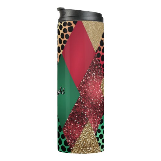 Christmas Leopard Glitter Patchwork Design Thermosbecher (Nach rechts gedreht)