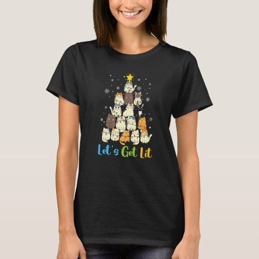 Christmas Let's Get Lit Cats Christmas Tree Cat T-Shirt (Vorderseite)