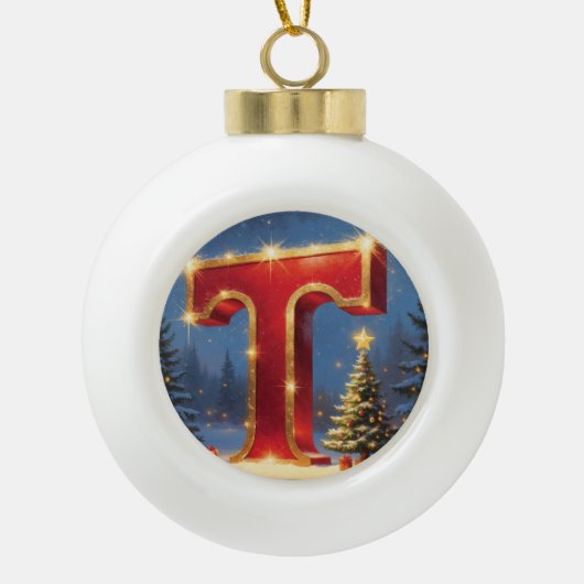 Christmas Letter T Ornament | Red Gold Monogram (Vorderseite)