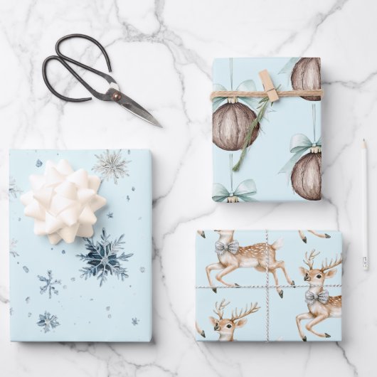 Christmas Light Blue Snowflakes Deer Coconut   Geschenkpapier Set (Vorderseite)