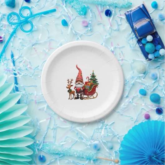 Christmas Light Gnome Santa Claus Riding Sleigh Hi Pappteller (Party)