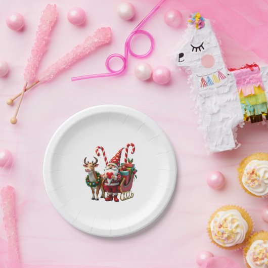 Christmas Light Gnome Santa Claus Riding Sleigh Hi Pappteller (Party)