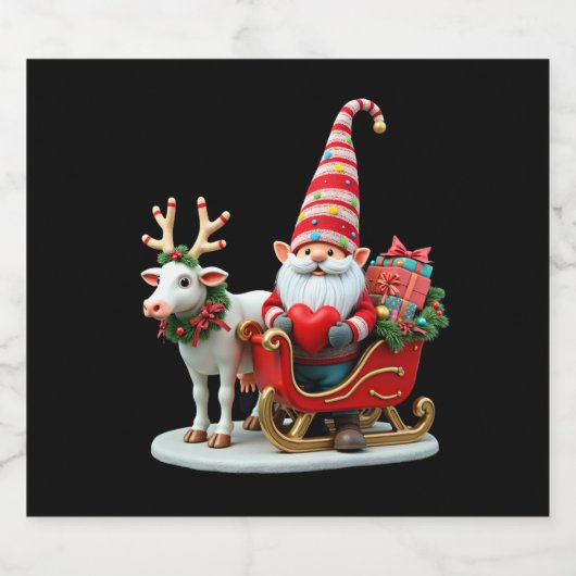Christmas Light Gnome Santa Claus Riding Sleigh Hi Schaumweinetikett (Einzelnes Label)