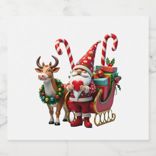 Christmas Light Gnome Santa Claus Riding Sleigh Hi Schaumweinetikett (Einzelnes Label)