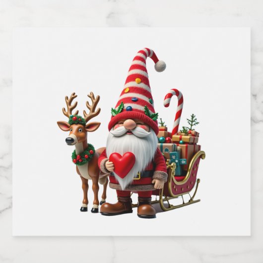 Christmas Light Gnome Santa Claus Riding Sleigh Hi Schaumweinetikett (Einzelnes Label)