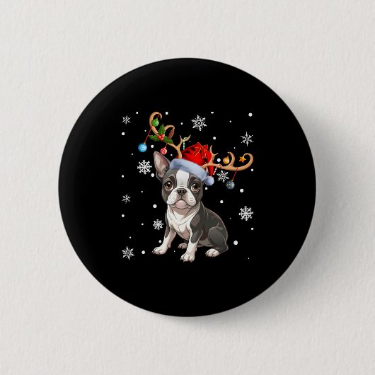 Christmas Light Reindeer Santa Hat Boston Terrier  Button (Vorderseite)