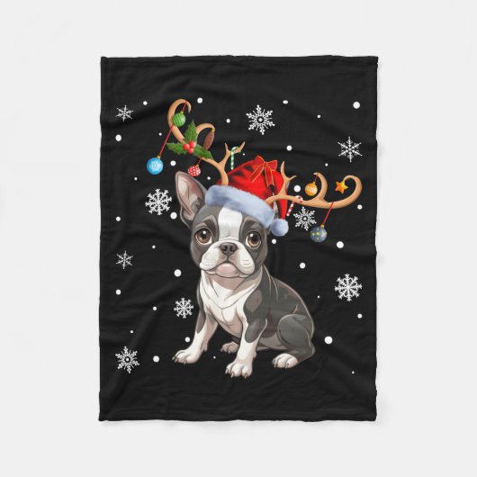 Christmas Light Reindeer Santa Hat Boston Terrier Fleecedecke (Vorderseite)