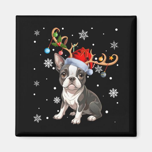 Christmas Light Reindeer Santa Hat Boston Terrier Magnet (Vorne)