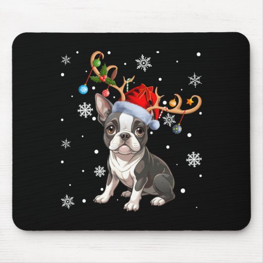 Christmas Light Reindeer Santa Hat Boston Terrier Mousepad (Vorne)
