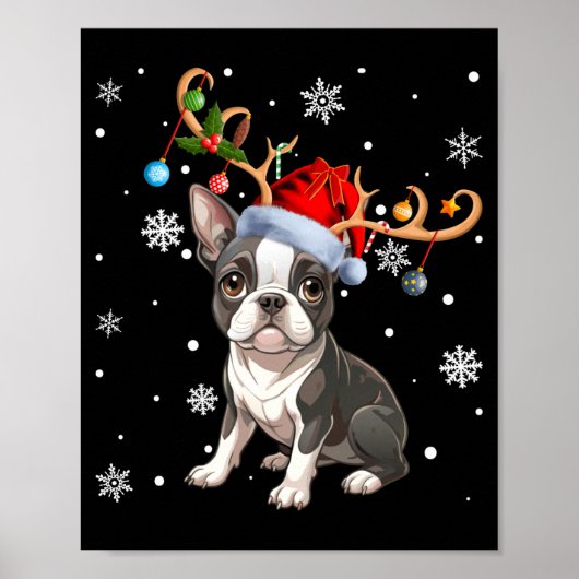Christmas Light Reindeer Santa Hat Boston Terrier Poster (Vorne)