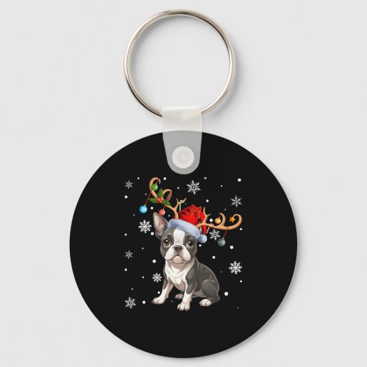 Christmas Light Reindeer Santa Hat Boston Terrier  Schlüsselanhänger (Vorderseite)