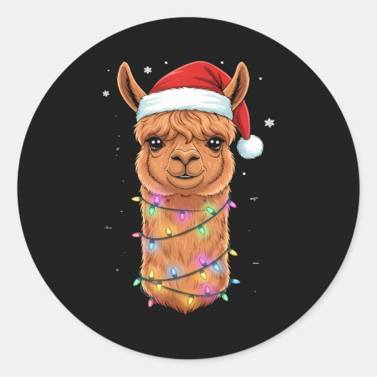Christmas Lights Alpaca Santa Hat Llama Cute Xmas Runder Aufkleber (Vorderseite)