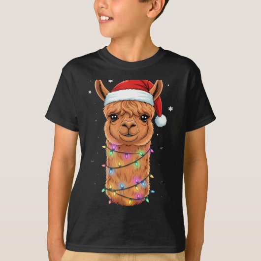 Christmas Lights Alpaca Santa Hat Llama Cute Xmas T-Shirt (Vorderseite)