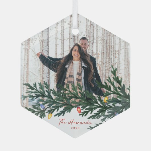 Christmas Lights and Greenery Photo Ornament Aus Glas (Vorderseite)