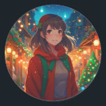 Christmas Lights Anime Girl Runder Aufkleber<br><div class="desc">Hübsches Anime-Mädchen an einem Wintertag Weihnachtskleber.</div>