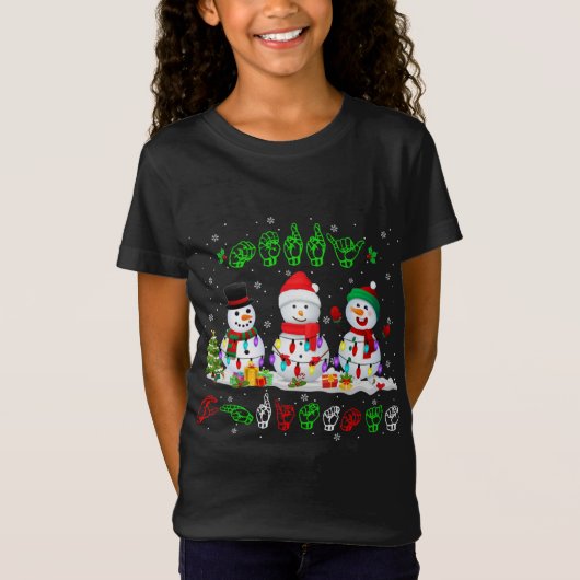 Christmas Lights Merry Christmas Snowman ASL Sign T-Shirt (Vorderseite)