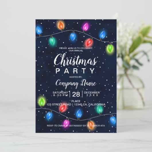 Christmas lights navy blue business corporate einladung (Stehend Vorderseite)