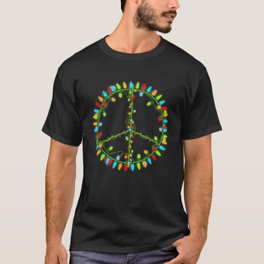 Christmas Lights Peace Sign Retro Hippie Happy Hol T-Shirt (Vorderseite)