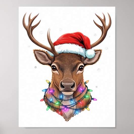 Christmas Lights Reindeer Santa Hat Cute Xmas Paja Poster (Vorne)