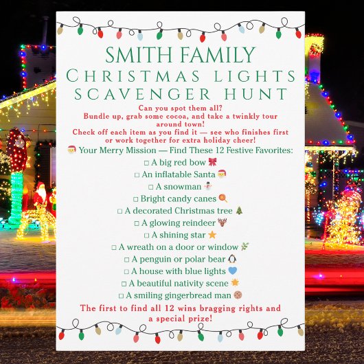 Christmas Lights Scavenger Hunt Printable Game Einladung