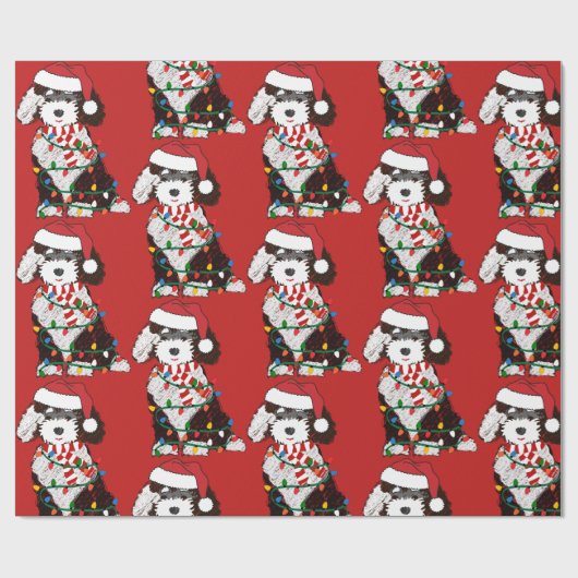 Christmas Lights Sheepadoodle Red Geschenkpapier (Flach)