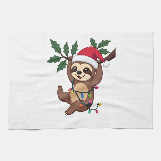 Christmas Lights Sloth Wearing Xmas Hat - Sloth Lo Geschirrtuch (Horizontal)